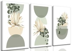 three canvases with plants in them on a white background, one is green and the other is beige