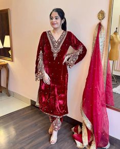 Title: Red Velvet Suit for Women and Girls / Kurti Set with Dupatta Dress for Wedding/Indian Wedding/Punjabi Wedding Description: Elevate your style at weddings and special occasions with this exquisite Red Velvet Suit. This ensemble is designed for both women and girls, ensuring a coordinated and elegant look for all. The set includes a stylish Kurti with intricate embroidery and a Dupatta, making it perfect for traditional Indian weddings, especially Punjabi weddings. Features: Material: High-quality red velvet fabric Kurti Design: Intricate embroidery and detailing Dupatta: Complements the Kurti with matching embroidery Occasion: Ideal for weddings, Indian weddings, and Punjabi weddings Size: Available in XL size for a comfortable fit This Red Velvet Suit combines classic style with mod Dresses For Wedding Indian, Coin Lace, Punjabi Wedding Suit, Red Velvet Suit, Velvet Kurti, Girls Kurti, Velvet Suit, Designer Kurtis