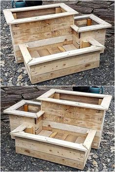 two wooden boxes sitting next to each other on top of some gravel and wood planks