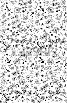 a black and white pattern with stars, hearts, and other things on it's surface