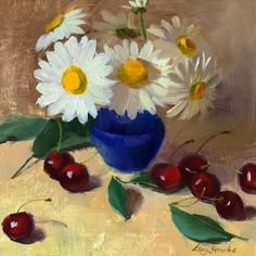 a painting of white daisies and cherries in a blue vase on a table