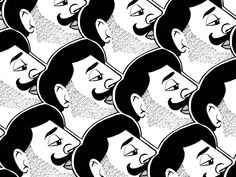 black and white image of many faces with mustaches on them, all in the same pattern