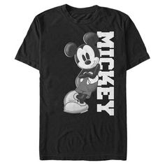 Who knew that dressing "mousey" could be so cute!? Celebrate Walt Disney's most iconic character with this officially licensed Mickey & Friends Black and White Mickey Mouse Men's Tee, featuring Mickey looking cool while leaning against his name. This graphic tee is perfect for the whole family, so grab one for yourself or a loved one today! Disney Mickey Mouse T-shirt For Streetwear, Black Mickey Mouse Tops For Disney Events, Black Mickey Mouse Top For Disney Fan Events, Mickey Mouse Cotton T-shirt For Streetwear, Disney Letter Print T-shirt For Streetwear, Disney Streetwear T-shirt With Letter Print, Disney Black T-shirt With Character Print, Black Disney Character Print T-shirt, Mickey Mouse Graphic Tee For Streetwear