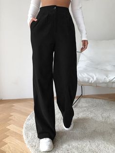 Black Elegant   Corduroy Plain Wide Leg  Slight Stretch Fall/Winter Women Bottoms Oversized Korean Fashion, Trousers Baggy, Corduroy Pants Women, Wide Leg Lounge Pants, High Waisted Wide Leg Pants, Solid Color Pants, Straight Trousers, Vintage Pants, Stretch Pants