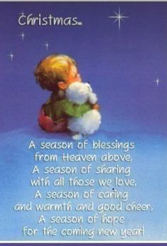 a christmas card with an image of a child holding a teddy bear in his arms