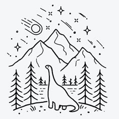 a black and white drawing of a dinosaur in front of mountains with stars, trees and the moon