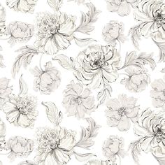 a white and gray floral wallpaper with lots of large flowers on it's sides