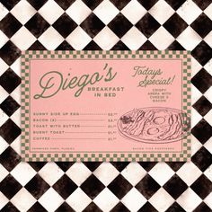 a checkered table cloth with a pink and black ticket for diego's breakfast in bed