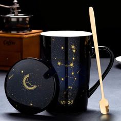 Starry Sky Zodiac Ceramic Mug Set | 12 Constellations Bone China Mug with Gold Spoon and Lid - A Gothic Universe - Mugs Creative Mugs, Ceramic Mug With Lid, 12 Constellations, Bar Patio, Zodiac Constellations, Garden Wall Art, Daily Ritual, Mug Design, High Gloss Finish