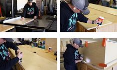 three pictures of a woman working on some furniture