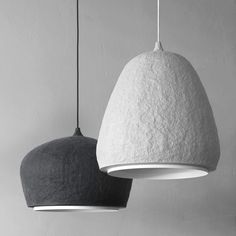 two black and white lamps hanging from the ceiling