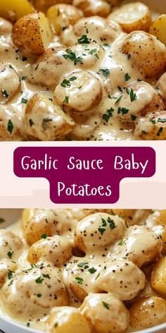 garlic sauce baby potatoes in a white bowl with the words garlic sauce baby potatoes above it