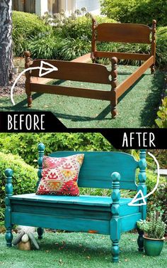 a blue bench sitting on top of a lush green field next to wooden benches and plants