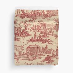 a red and white toiler print duvet cover with an image of farm animals