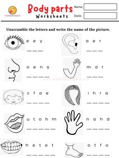 the worksheet for body parts and their names is shown in black and white