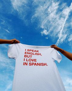 MY LOVE IS BILINGUAL! IYKYK. Choose between white or black I Speak English But I Love In Spanish, Spanish Astethic, Bilingual Aesthetic, Spanish Aesthetic, Love In Spanish, Spanish Shirts, Brand Aesthetic, Vision Board Manifestation, Speak English