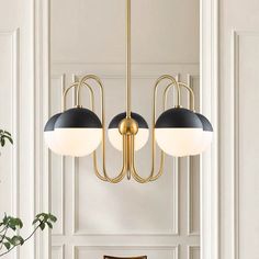 two black and gold lamps hanging from the ceiling in a dining room with white walls