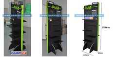 three different types of display stands with green trimmings and black shelves on each side