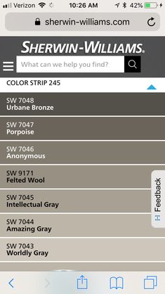 an iphone screen showing the names and colors for sherwin - williams's website