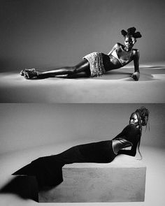 a woman laying on top of a wooden block next to another woman in black and white