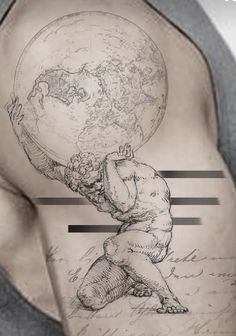 a man with a tattoo on his arm and shoulder holding a globe in one hand