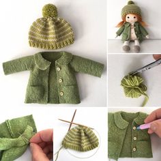 four pictures showing how to crochet a green jacket and hat for a doll