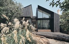 the house is surrounded by tall grass and trees