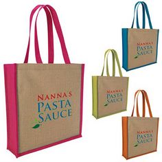 three non - woven shopping bags with the name namna's pasta sauce on them