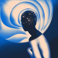 a person with a clock in their head is surrounded by blue and white swirls