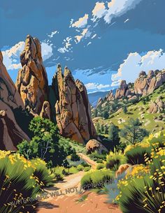 a painting of mountains with trees and flowers on the ground in front of them is a dirt path that leads up to some rocks