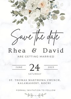 save the date card with white flowers and greenery on marbled paper in black ink