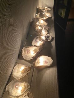 several shells are lined up on the side of a wall, with lights in them