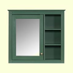 a green cabinet with a mirror and shelves