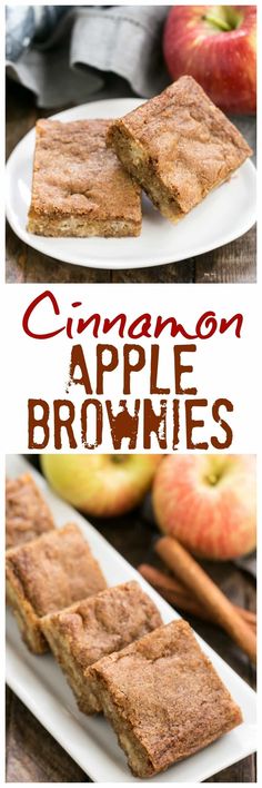 cinnamon apple brownies on plates with apples and cinnamon sticks in the background, text overlay reads cinnamon apple brownies