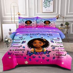 a bed with pink and purple sheets, pillows and pillow cases