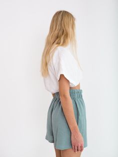 "ISLA is a high waist linen shorts. DETAILS - High waist - Elasticated waist - Side seam pockets - Oeko-Tex certified 100% lightweight linen - Cut and sewn to order just for you in our studio COLOR - Dark turquoise, you can also choose other colors above - Fabric samples are available here https://www.etsy.com/listing/586569696/linen-fabric-samples SIZING & FIT - Fits true to size - Inseam measures 4.92\" / 12.5 cm - Measurements taken from a size S - Model is wearing a size S - Model is 5'8 Summer Wide Leg Shorts With Built-in Shorts, Linen Bottoms With Short Inseam For Day Out, Summer High-waisted Shorts With Relaxed Fit, Linen Shorts For Day Out, Short Linen Bottoms For Day Out, Relaxed High-waisted Shorts For Spring, High Waist Linen Vacation Bottoms, High-waisted Linen Bottoms For Vacation, High Waist Linen Bottoms For Vacation