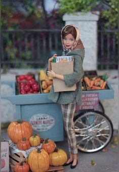 a doll is holding a cardboard box in front of some pumpkins and other vegetables