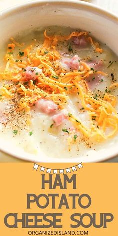 ham potato cheese soup in a white bowl