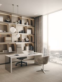 a white desk sitting in front of a window next to a book shelf filled with books