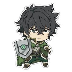 an anime character with black hair holding a shield