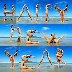 a woman doing yoga poses on the beach