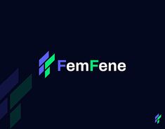 the logo for fem fene is shown in green and blue colors on a dark background