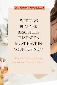 a woman sitting at her desk with the words wedding planner resources that are must have in your business