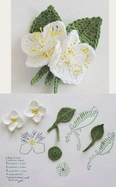 crocheted flowers and leaves are shown on the table top, along with instructions for how to make them