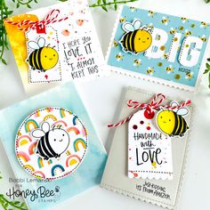 three handmade cards with bees on them