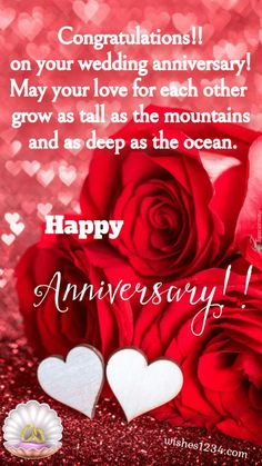 two red roses with hearts on them and the words happy anniversary written in white lettering