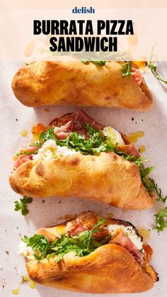 three breads with different toppings on them and the words burrata pizza sandwich