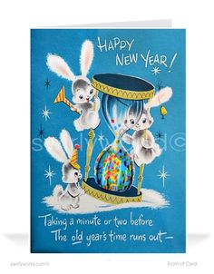 a happy new year card with three rabbits and an hourglass in the center, on a blue background