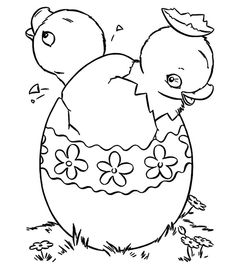 a black and white drawing of an easter egg with a chickling on it's back