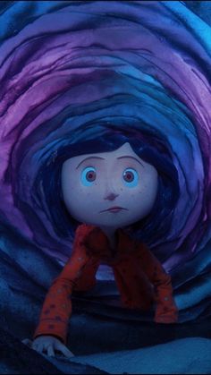 an animated doll sitting in the middle of a tunnel with blue and purple swirls